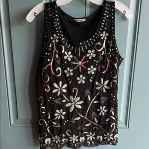 Embellished Black and Silver Tank Top with Scalloped Neckline